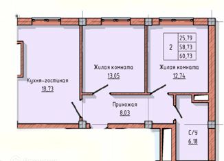 Продажа 2-ком. квартиры, 60.73 м2, Нальчик, улица Байсултанова, 26, район Затишье