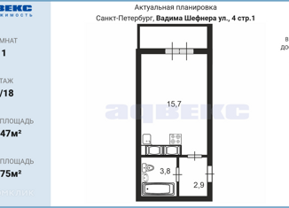 Продажа квартиры студии, 22.47 м2, Санкт-Петербург, муниципальный округ Гавань, улица Вадима Шефнера, 4