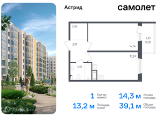 Продажа 1-комнатной квартиры, 39.1 м2, Колпино, проспект Ленина, 60, ЖК Астрид