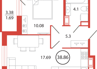 Продаю 1-комнатную квартиру, 38.86 м2, поселок Бугры, аллея Ньютона, 2, ЖК Энфилд