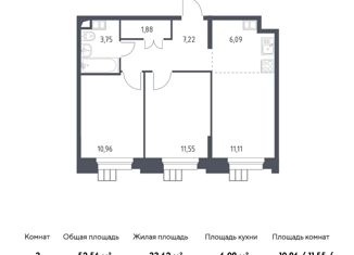 Продажа трехкомнатной квартиры, 52.56 м2, поселение Мосрентген, многофункциональный комплекс Тропарёво Парк, к1.1