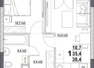 1-ком. квартира на продажу, 38.4 м2, Нижний Новгород, Мещерский бульвар, 1, жилой район Мещерское Озеро