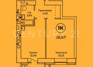 1-комнатная квартира на продажу, 36.7 м2, Барнаул, ЖК Ютссон