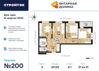 Продам трехкомнатную квартиру, 70.29 м2, Екатеринбург, ЖК Янтарная Долина, улица Крауля, 170А