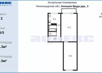 Продается двухкомнатная квартира, 44.3 м2, деревня Большая Вруда, деревня Большая Вруда, 5