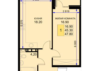1-комнатная квартира на продажу, 47.8 м2, Краснодарский край, Дозорная улица, 3В