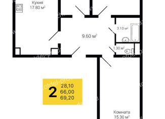 Продам 2-комнатную квартиру, 69.2 м2, село Александровка, Первоцветная улица, 3