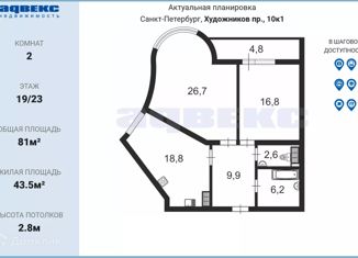 Продается 2-ком. квартира, 81 м2, Санкт-Петербург, проспект Художников, 10к1, метро Озерки