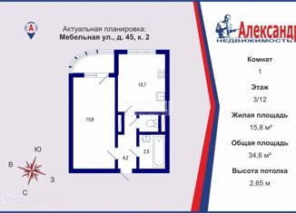Продаю 1-комнатную квартиру, 34.6 м2, Санкт-Петербург, метро Беговая, Мебельная улица, 45к2