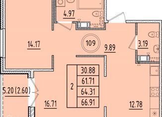 Продается 2-ком. квартира, 61.71 м2, посёлок Шушары, Витебский проспект