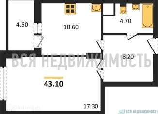 1-комнатная квартира на продажу, 43.1 м2, Воронеж, Краснознамённая улица, 57/5, ЖК Высота