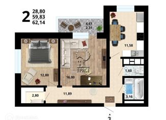 Продается двухкомнатная квартира, 62.14 м2, Воронеж, улица Ломоносова, 80, ЖК Университетский