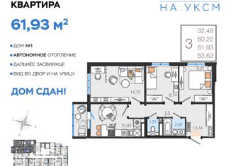 Продажа трехкомнатной квартиры, 61.93 м2, Ульяновск, улица Хваткова, 2Вк1