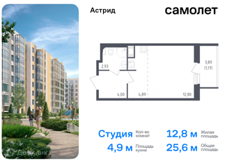 Продажа квартиры студии, 25.6 м2, Колпино, проспект Ленина, 60, ЖК Астрид