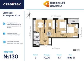 Продам трехкомнатную квартиру, 70.79 м2, Екатеринбург, ЖК Янтарная Долина, улица Крауля, 170А