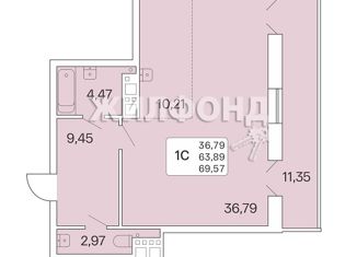 Продажа квартиры студии, 69.57 м2, Новосибирск, Ядринцевская улица, 55, Ядринцевская улица