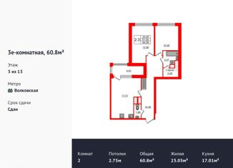 Продается 2-комнатная квартира, 60.8 м2, Санкт-Петербург, Тосина улица, 6, метро Волковская