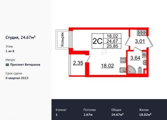 Продам квартиру студию, 24.3 м2, Санкт-Петербург, проспект Будённого, 19к1, Красносельский район