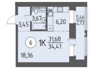 1-ком. квартира на продажу, 34.41 м2, деревня Кисловка, улица Василия Кандинского, 5