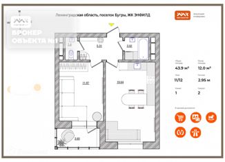 2-комнатная квартира на продажу, 43 м2, поселок Бугры, ЖК Энфилд, Английская улица, 6