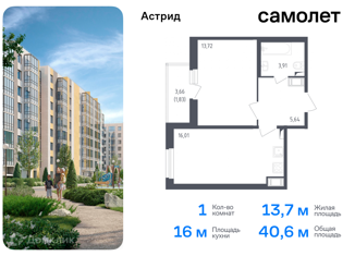 1-ком. квартира на продажу, 40.6 м2, Санкт-Петербург, проспект Ленина, 60