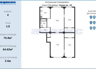 Продажа 4-комнатной квартиры, 76.8 м2, Санкт-Петербург, проспект Науки, 28, метро Академическая