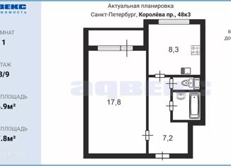 Продажа однокомнатной квартиры, 36.9 м2, Санкт-Петербург, проспект Королёва, 48к3, проспект Королёва