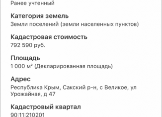 Продажа участка, 10 сот., село Великое, Урожайная улица