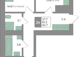 Продается двухкомнатная квартира, 61.3 м2, Калининград, Батальная улица, 94