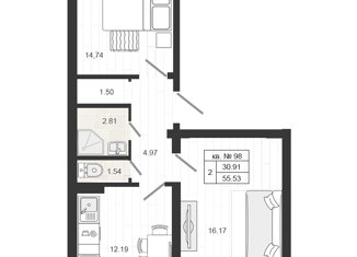 Продается двухкомнатная квартира, 55.53 м2, деревня Малое Верево, улица Кутышева, 9Ак2