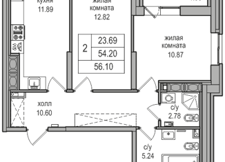 Продам 2-комнатную квартиру, 55.4 м2, посёлок Парголово, Заречная улица, 52к2