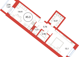Продаю однокомнатную квартиру, 45.3 м2, Санкт-Петербург, Плесецкая улица, 2, ЖК Ариосто