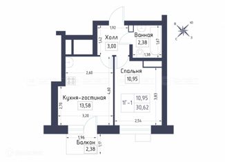 1-комнатная квартира на продажу, 30.6 м2, село Осиново, Спортивная улица, 1, ЖК Радужный