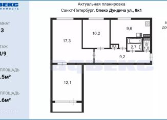 Трехкомнатная квартира на продажу, 62.5 м2, Санкт-Петербург, улица Олеко Дундича, 8к1, муниципальный округ Балканский