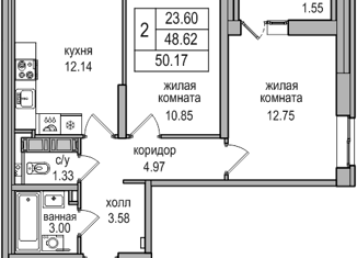 Продажа двухкомнатной квартиры, 49.8 м2, посёлок Парголово, Заречная улица, 48к1