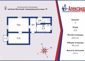 Продается 2-ком. квартира, 40.4 м2, посёлок Песочный, Ленинградская улица, 79