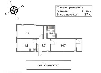 Продается 2-ком. квартира, 61 м2, Санкт-Петербург, улица Ушинского, 33к3, улица Ушинского