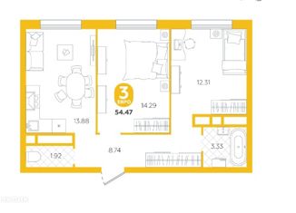 Продаю 2-ком. квартиру, 54.47 м2, село Горьковка