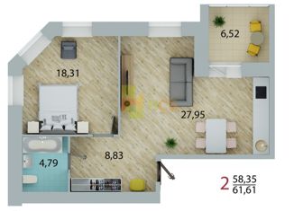 Двухкомнатная квартира на продажу, 58.35 м2, Омск, 3-я Енисейская улица, 28/1, ЖК Атланты