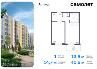 1-комнатная квартира на продажу, 40.5 м2, Колпино, проспект Ленина, 60, ЖК Астрид