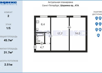 Продам 2-ком. квартиру, 45.7 м2, Санкт-Петербург, проспект Шаумяна, 47, проспект Шаумяна
