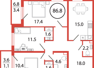 3-комнатная квартира на продажу, 86.8 м2, поселок Бугры, Чайная улица, 2