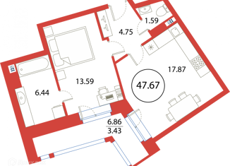 Продажа 1-комнатной квартиры, 47.67 м2, Санкт-Петербург, Плесецкая улица, 2, ЖК Ариосто