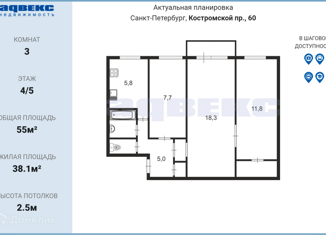 Продаю 3-ком. квартиру, 55 м2, Санкт-Петербург, Костромской проспект, 60, муниципальный округ Светлановское