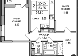 2-комнатная квартира на продажу, 54.5 м2, посёлок Парголово, Заречная улица, 48к1