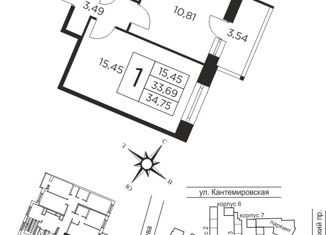 Продам 1-ком. квартиру, 34.83 м2, Санкт-Петербург, метро Площадь Ленина, Пироговская набережная, 5/2