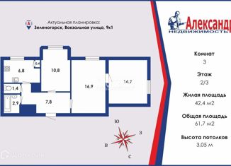Продам трехкомнатную квартиру, 61.7 м2, Зеленогорск, Вокзальная улица, 9к1