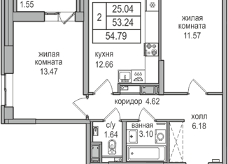 Продажа двухкомнатной квартиры, 54.4 м2, посёлок Парголово