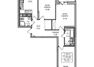 3-ком. квартира на продажу, 74 м2, Санкт-Петербург
