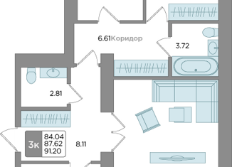 Продажа трехкомнатной квартиры, 87.62 м2, Калининград, ЖК Новый Город, Новгородская улица, 3Ак2